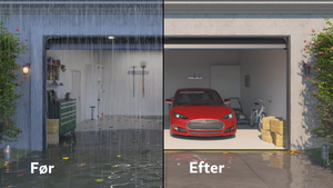  før og efter en 30 mm garageports gulvtætningsinstallation