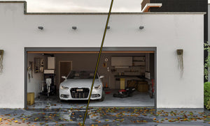 CGI-billede, der viser før og efter installation af en garageporttærskeltætning
